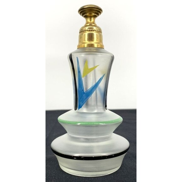 Art Deco Perfume Bottle Glass Applicator Brass Hand Painted 5" Vintage - Picture 2 of 10